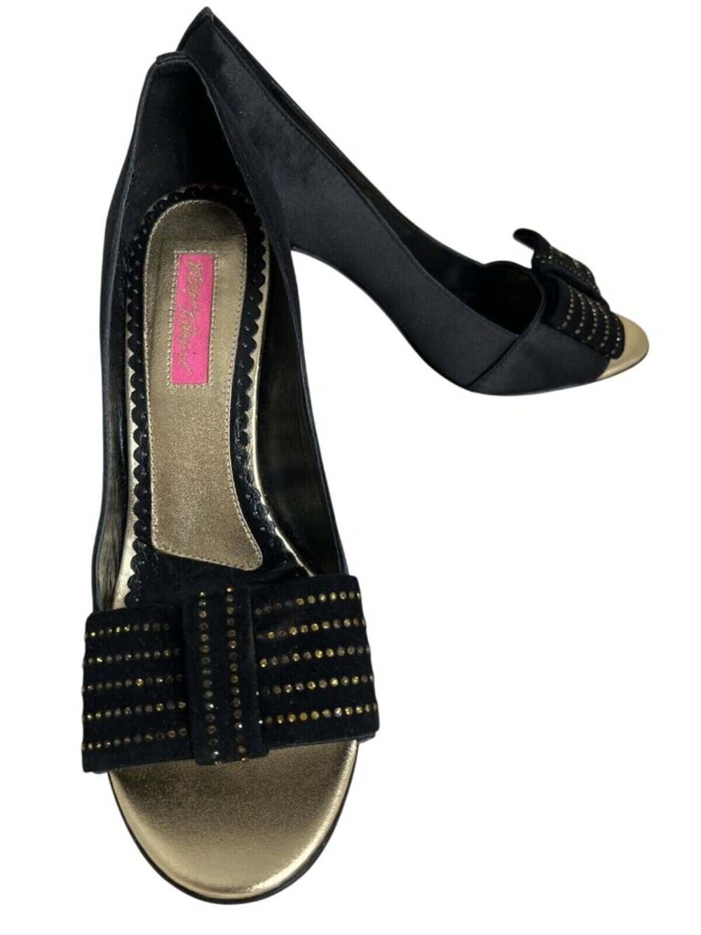 Betsey Johnson "Tarah" Black Satin Peep Toe Heels Size 9.5 M